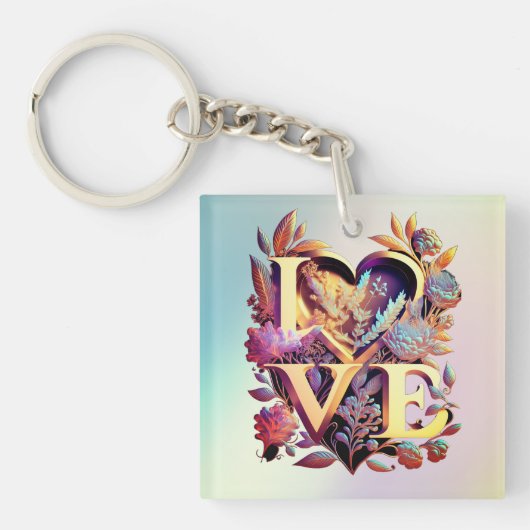 Elegant Flower, Heart and Golden Love Sleutelhanger (Voorkant)