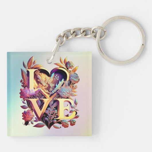 Elegant Flower, Heart and Golden Love Sleutelhanger (Achterkant)