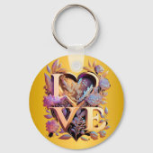Elegant Flower, Heart and Golden Love Sleutelhanger (Voorkant)