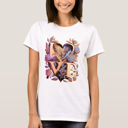 Elegant Flower, Heart and Golden Love T-shirt (Voorkant)