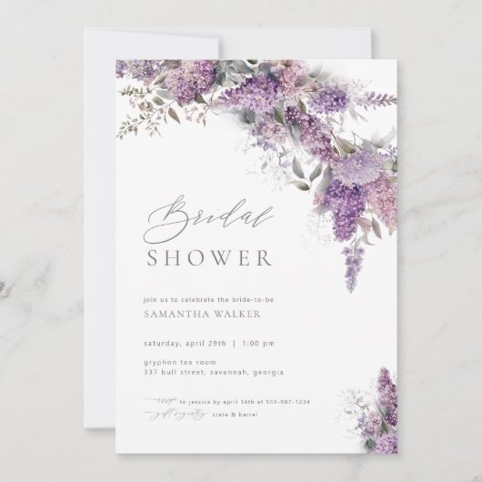 Elegant Flower Lila Bridal Shower Invitation Kaart (Voorkant)