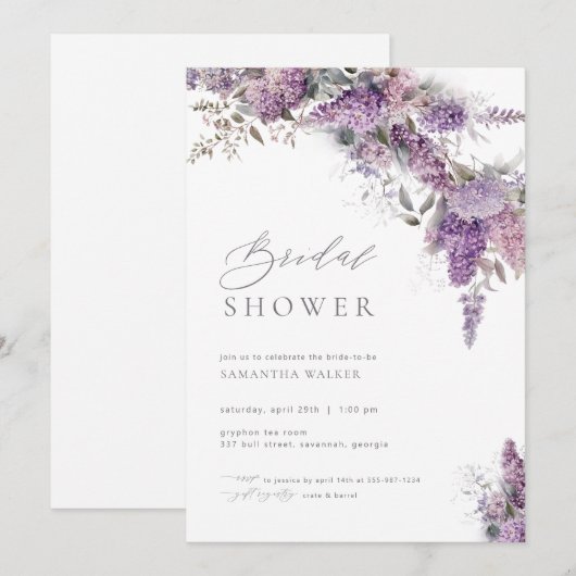 Elegant Flower Lila Bridal Shower Invitation Kaart (Voorkant / Achterkant)