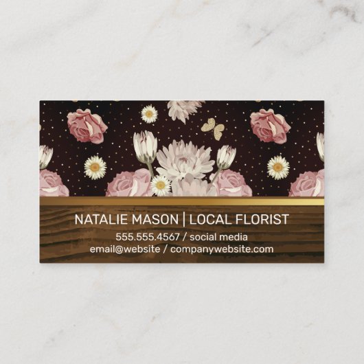 Elegant Flower Pattern Butterfly | Goudhouttrim Visitekaartje (Achterkant)