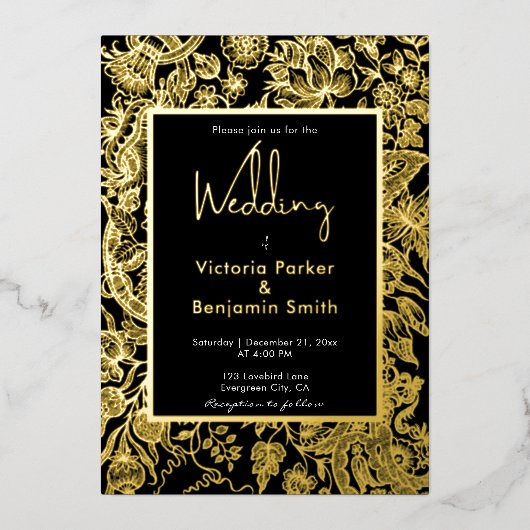 Elegant Flower Sketch Lijst Zwart Goud Bruiloft Folie Uitnodiging (Voorkant)