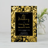 Elegant Flower Sketch Lijst Zwart Goud Bruiloft Folie Uitnodiging (Staand Voorkant)