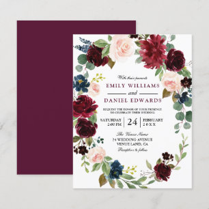 Elegant Flower Wreath Burgundy Red Wedding Invite Kaart