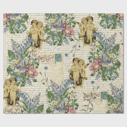 Elegant  Flowers Angels Old Script Cadeaupapier (Vlak)