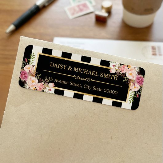 Elegant Flowers Black White Stripes Gold Lijst Etiket