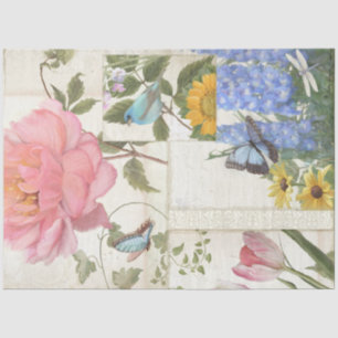 Elegant Flowers Blue Pink Butterfly Bird Decoupage Tissuepapier