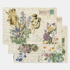 Elegant Flowers Cherub Angels Old Script Inpakpapier Vel