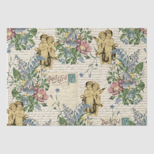 Elegant  Flowers Cherubs Old Script Tissuepapier (Voorkant)