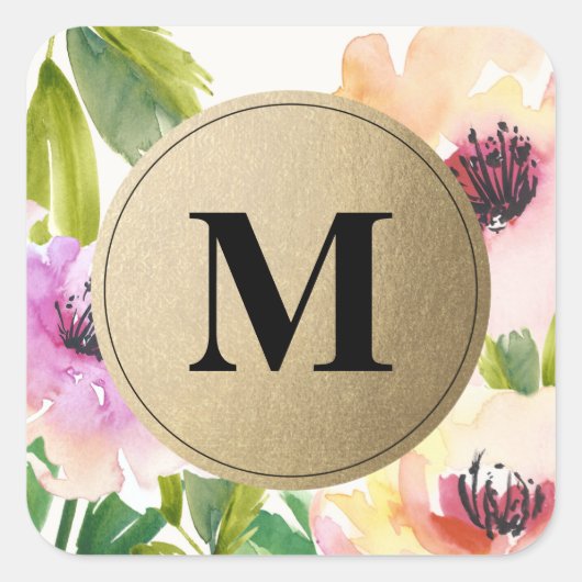 Elegant Flowers Gold Monogram | Voorkeurslabels Vierkante Sticker (Voorkant)