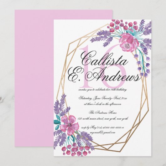 Elegant Flowers Gold Terrarium Waterverf Sweet 16 Kaart (Voorkant / Achterkant)