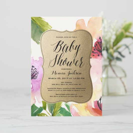 Elegant Flowers Gold | Uitnodiging tot Baby shower (Staand voorkant)
