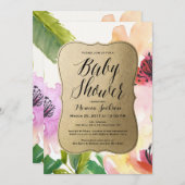 Elegant Flowers Gold | Uitnodiging tot Baby shower (Voorkant / Achterkant)