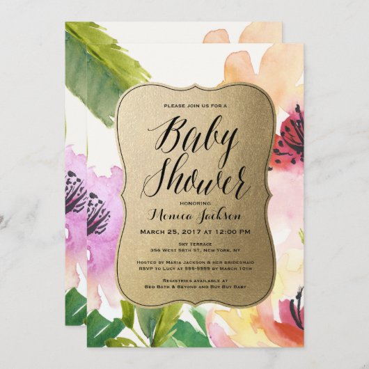 Elegant Flowers Gold | Uitnodiging tot Baby shower (Voorkant / Achterkant)