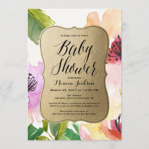 Elegant Flowers Gold Uitnodiging tot Baby shower