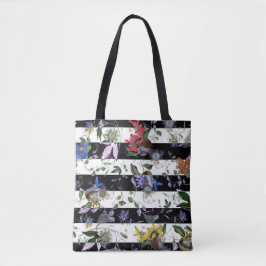 Elegant Flowers op Black and White Stripes Tote Bag