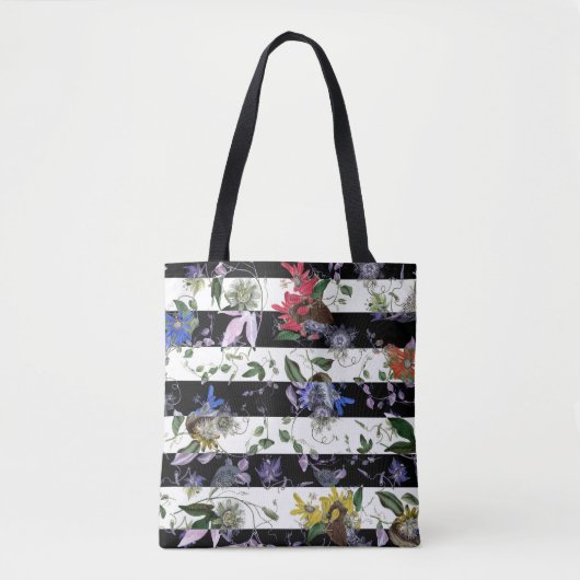 Elegant Flowers op Black and White Stripes Tote Bag (Voorkant)