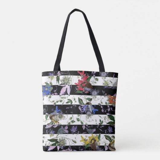 Elegant Flowers op Black and White Stripes Tote Bag (Achterkant)