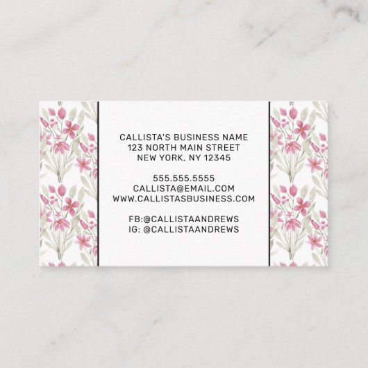 Elegant Flowers Pink Sage Green Waterverf Floral Klantenkaartje (Achterkant)