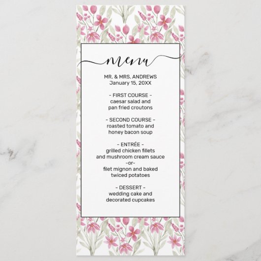 Elegant Flowers Pink Sage Green Waterverf Floral Menu (Voorkant)