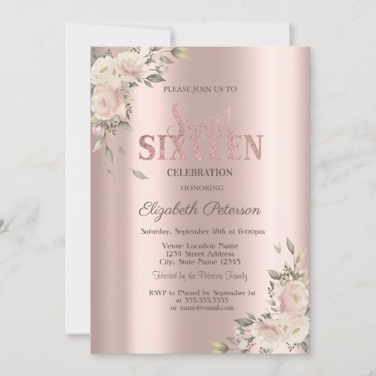 Elegant Flowers Rose Gold Sweet 16 Birthday Kaart (Voorkant)