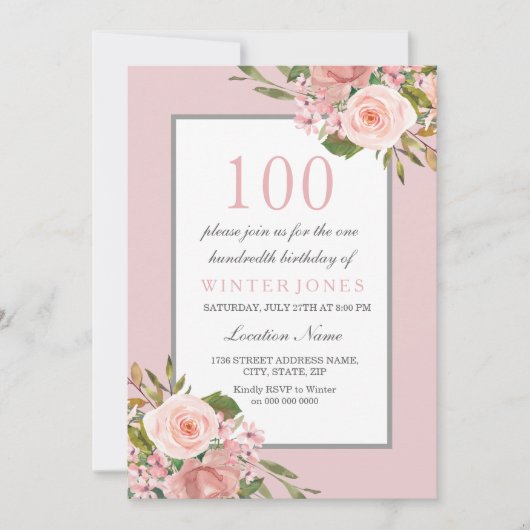 Elegant Flowers roze 100th Birthday Party Invite Kaart (Voorkant)