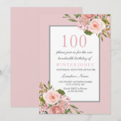 Elegant Flowers roze 100th Birthday Party Invite Kaart (Voorkant / Achterkant)
