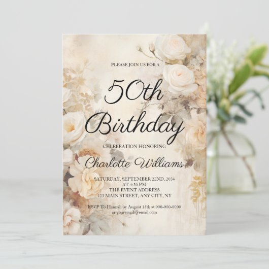 Elegant Flowers  Theme 50th Birthday Kaart (Staand voorkant)