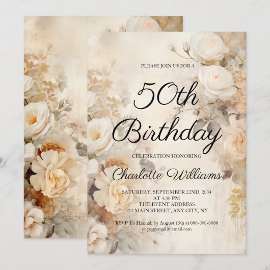 Elegant Flowers  Theme 50th Birthday Kaart (Voorkant / Achterkant)