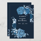 Elegant flowery Blue Wedding Invitation Kaart (Voorkant / Achterkant)