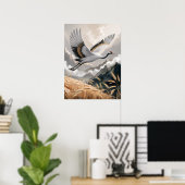 Elegant Flying Crane Over Golden Wheat Landscape Poster (Thuiskantoor)