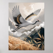 Elegant Flying Crane Over Golden Wheat Landscape Poster (Voorkant)
