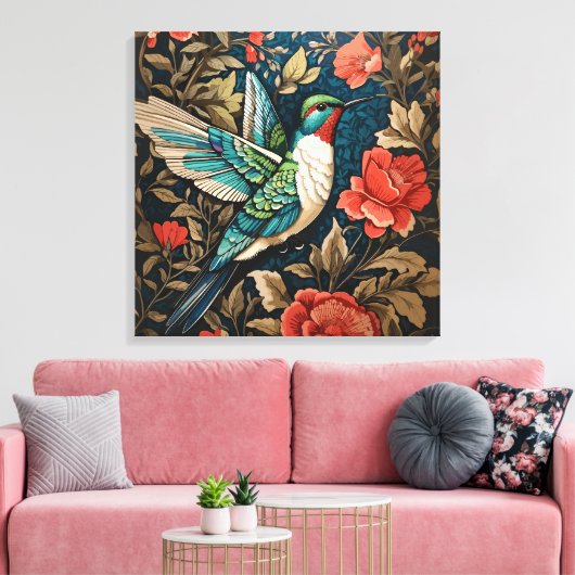 Elegant Flying Hummingbird William Morris geïnspir Canvas Afdruk (Insitu (Woonkamer))