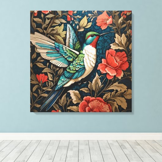 Elegant Flying Hummingbird William Morris geïnspir Canvas Afdruk (Insitu (Houten vloer))