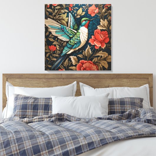 Elegant Flying Hummingbird William Morris geïnspir Canvas Afdruk (Insitu (Slaapkamer))