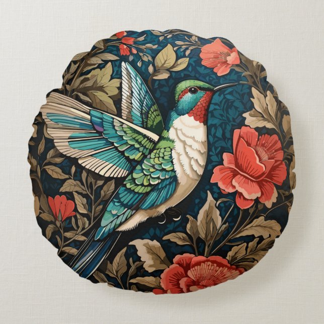 Elegant Flying Hummingbird William Morris geïnspir Rond Kussen (Voorkant)