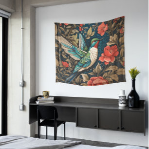 Elegant Flying Hummingbird William Morris geïnspir Wandkleed