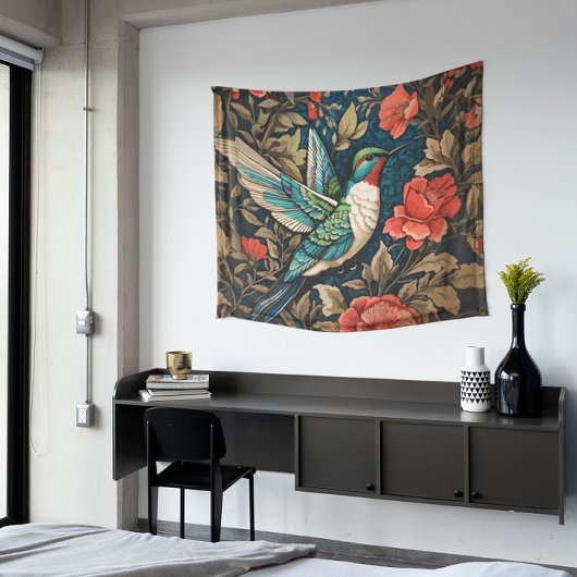 Elegant Flying Hummingbird William Morris geïnspir Wandkleed