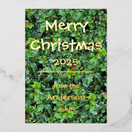 Elegant Foil Holly Berry Greenery Personalize Card Folie Feestdagenkaart