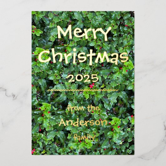 Elegant Foil Holly Berry Greenery Personalize Card Folie Feestdagenkaart (Voorkant)