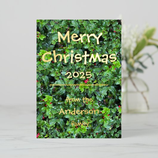 Elegant Foil Holly Berry Greenery Personalize Card Folie Feestdagenkaart (Staand Voorkant)