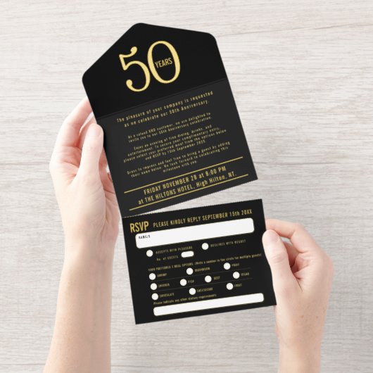 Elegant Foiled Tear-Off 50 Years in Business  All In One Uitnodiging (Uittrekbaar)