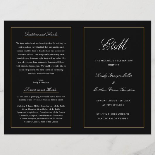 Elegant Folding Wedding Program Monogram Black (Voorkant)