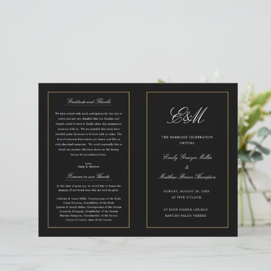 Elegant Folding Wedding Program Monogram Black (Staand voorkant)