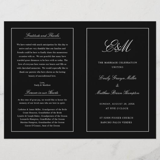 Elegant Folding Wedding Program Monogram Black (Voorkant)