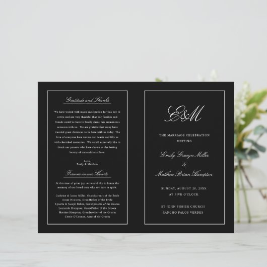 Elegant Folding Wedding Program Monogram Black (Staand voorkant)