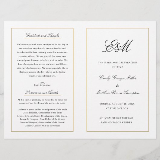 Elegant Folding Wedding Programme Monogram Gold (Voorkant)