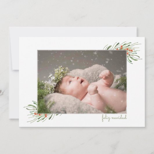 Elegant Foliage Berries Feliz Navidad Kerstmis Feestdagenkaart (Voorkant)